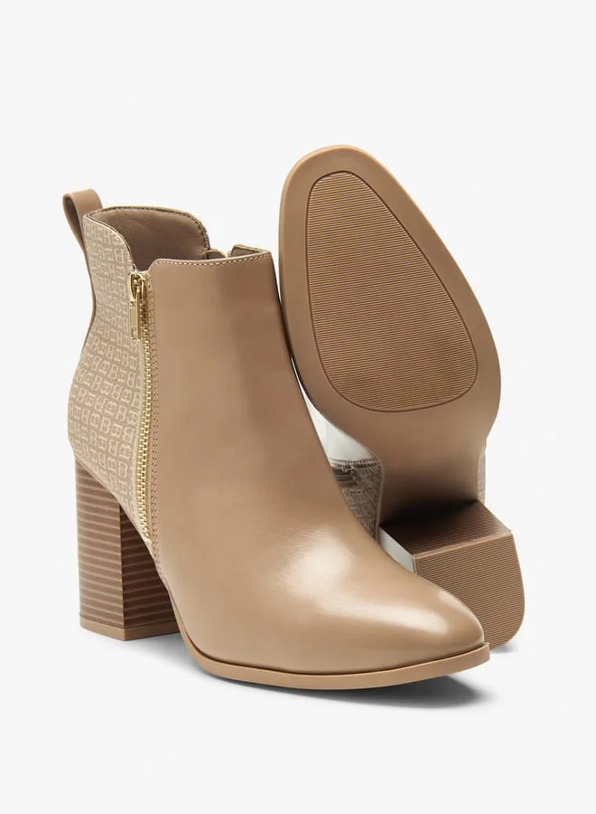 Flora Bella By Shoexpress Women's Logo Detail Ankle Boots with Block Heels and Zip Closure