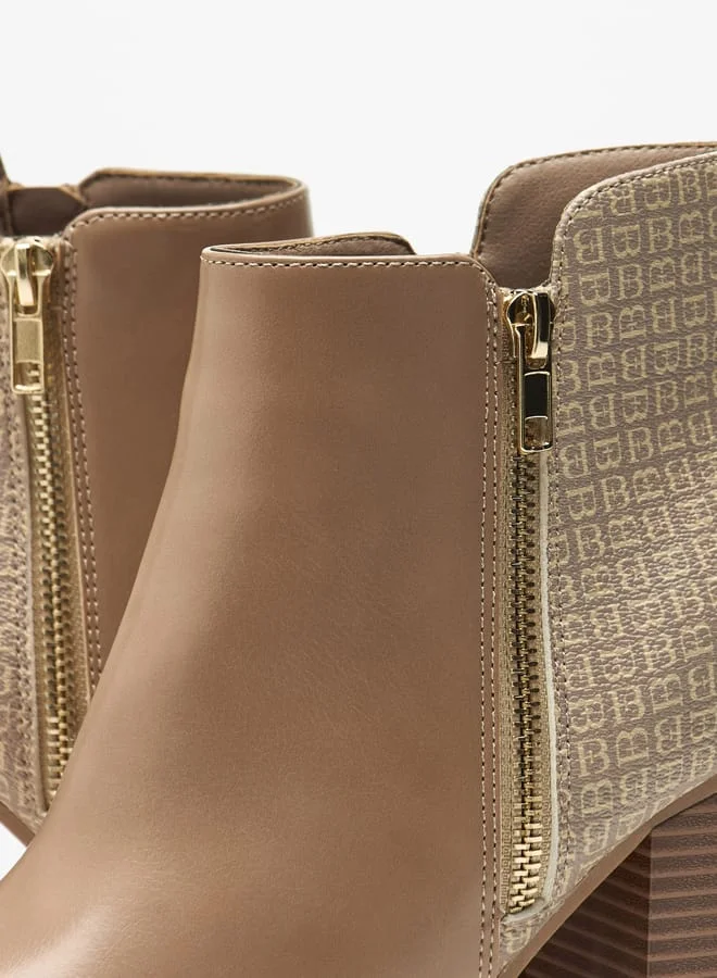 Flora Bella By Shoexpress Women's Logo Detail Ankle Boots with Block Heels and Zip Closure