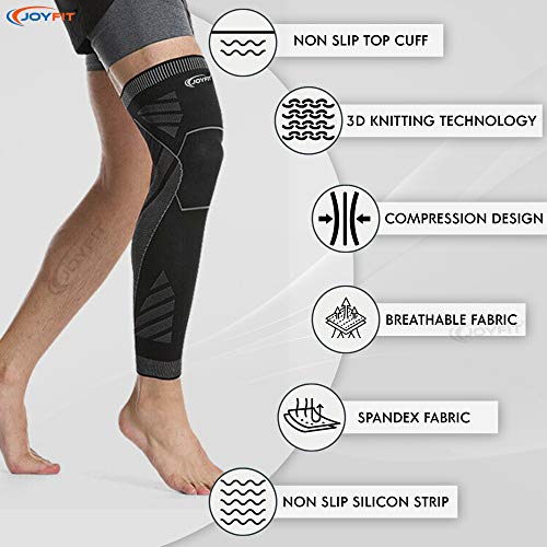Joyfit Long Calf Compression Sleeve With Anti Slip Design, Full Leg Support, Reduce Muscle Swelling, & Shin Splint- Ideal For Men & Women at Gym And Home Workout (Pair) (Black-Grey, L) - Image 2