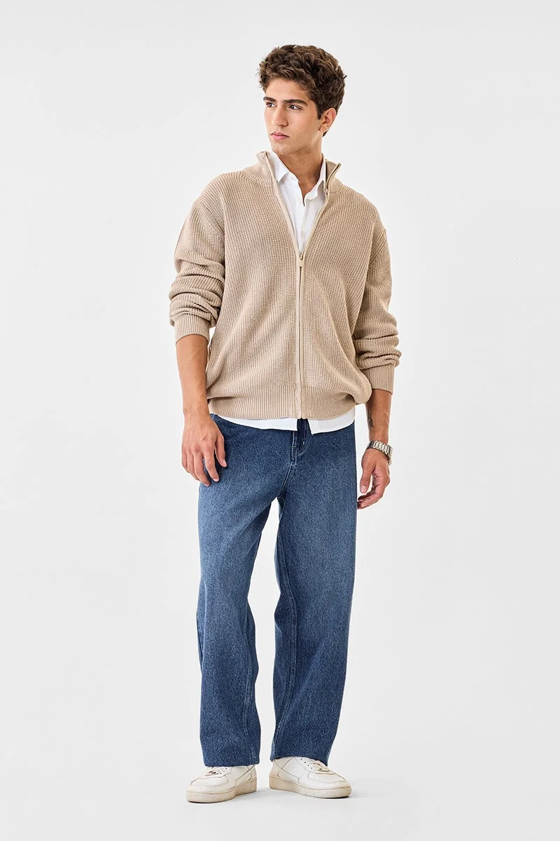 SNITCH High Neck Textured Zipper Sweater