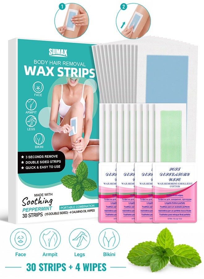SUMAX Double Sides Wax Strips for Hair Removal - 30 Wax Strips and 4 Calming Oil Wipes Waxing Kit for Face Legs Arms Underarm Body Wax Strips Hair Removal For Men & Women At Home - Image 1