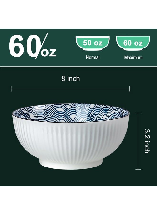 QINLANG 60 oz Large Soup Bowl, Pho Bowls, Japanese Ramen Bowls Set of 3, 8 in Blue and White Porcelain Big Bowls for Eating - Wave Pattern - Image 2
