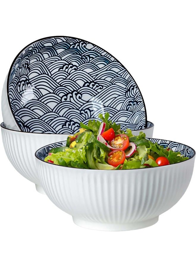 QINLANG 60 oz Large Soup Bowl, Pho Bowls, Japanese Ramen Bowls Set of 3, 8 in Blue and White Porcelain Big Bowls for Eating - Wave Pattern - Image 1