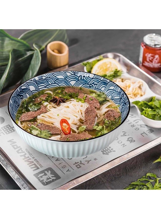 QINLANG 60 oz Large Soup Bowl, Pho Bowls, Japanese Ramen Bowls Set of 3, 8 in Blue and White Porcelain Big Bowls for Eating - Wave Pattern - Image 3