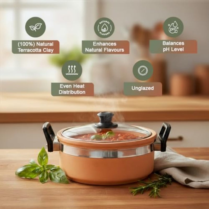Terracotta Clay Cooking Pot with Glass Lid Earthen Clay Pot for Cooking Eco-Friendly Unglazed Cookware Authentic Flavor and Nutrient Retention Earthen 4 L - Image 4