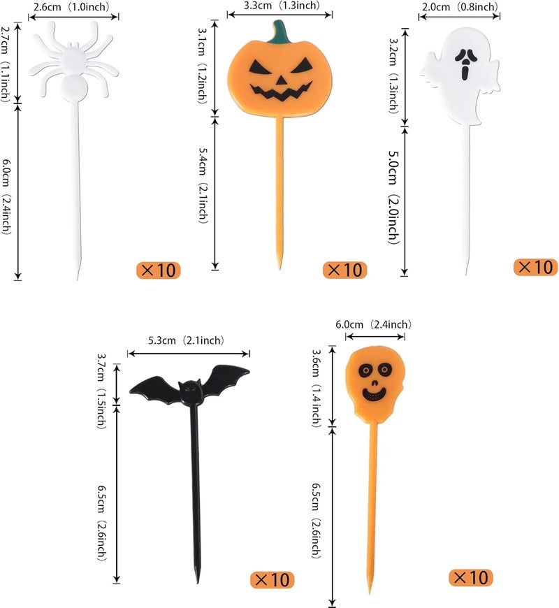 Rsstarxi 50 Pack Plastic Halloween Food Toothpicks Halloween Cupcake Toppers Pumpkin Ghost Spider Bat Cupcake Food Picks for Fruit Appetizer halloween Birthday Party Cake Decorations - Image 2
