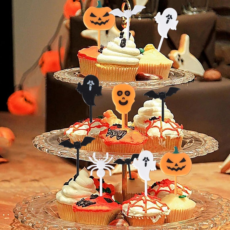 Rsstarxi 50 Pack Plastic Halloween Food Toothpicks Halloween Cupcake Toppers Pumpkin Ghost Spider Bat Cupcake Food Picks for Fruit Appetizer halloween Birthday Party Cake Decorations - Image 4