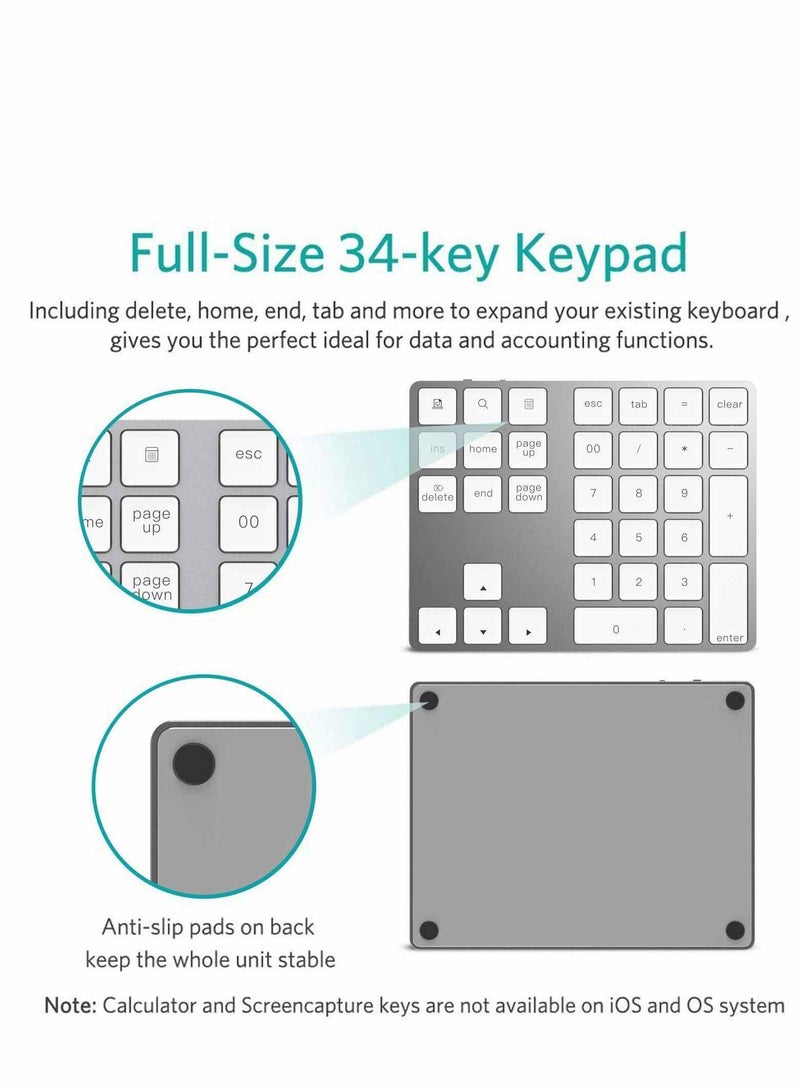 Bluetooth Number Pad, Rechargeable Wireless Numeric Keypad Slim 34-Keys External Numpad Keyboard Data Entry(Silver) - Image 5