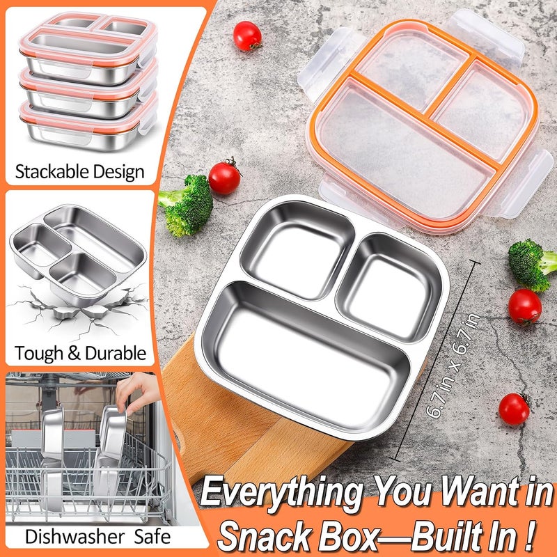 KTKUDY Stainless Steel Snack & Lunch Container for Kids & Adults, 20 oz | 3 Compartments, Dishwasher-safe, Leak-resistant seal, Stackable, Clear lid, For meal prep, daycare, school, office & travel - Image 2