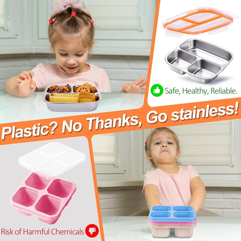 KTKUDY Stainless Steel Snack & Lunch Container for Kids & Adults, 20 oz | 3 Compartments, Dishwasher-safe, Leak-resistant seal, Stackable, Clear lid, For meal prep, daycare, school, office & travel - Image 3