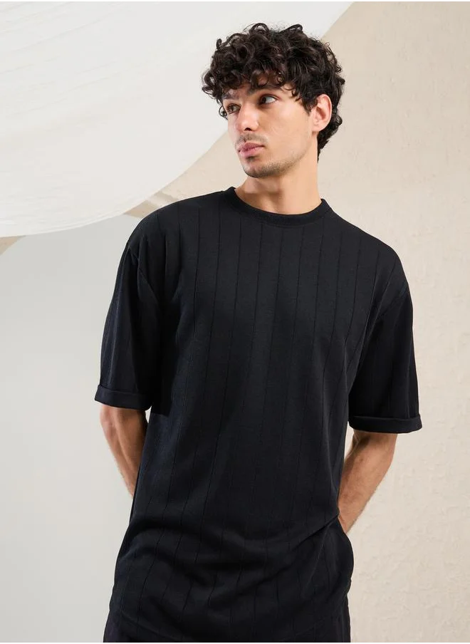 ستايلي Ribbed Crew Neck Oversized T-Shirt with U Hem