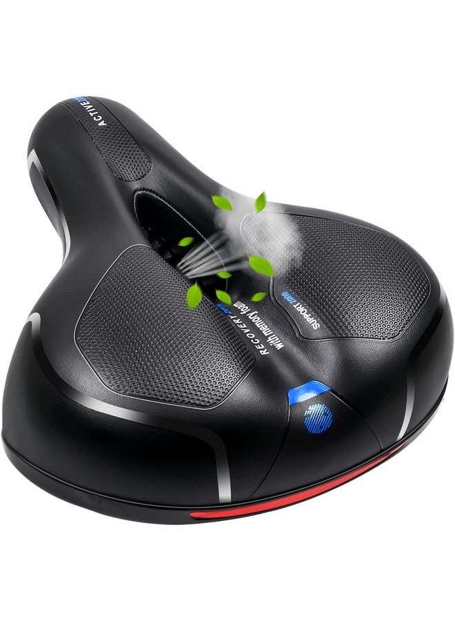 Linist Bicycle Seat, Replacement Wide Saddle Bicycle with Waterproof Memory Foam Padded Leather, Reflective Strip Seat Cushion and Dual Shock Absorbing Rubber Balls, Bicycle Saddle (Black-Blue) - Image 1