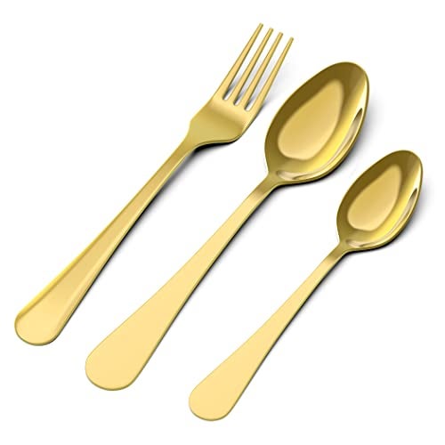 AXIOM Golden Cutlery Set Stainless Steel. 24 Pieces Premium Spoons & Forks (8 Dessert Spoon, 8 Dessert Fork, 8 Tea Spoon) Gold Colour Flatware for Luxury Dining - Image 1