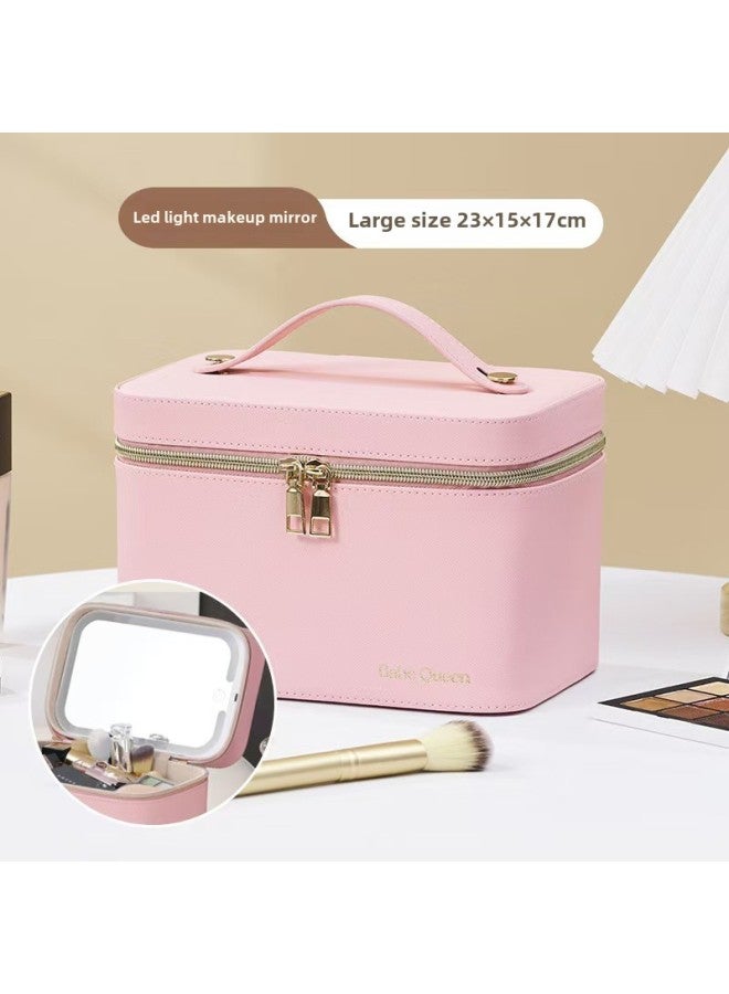 Loquat Cosmetic Bag With Mirror Advanced LED Light Large Capacity With Light Cosmetic Case A Batch Of Follow-up Box-Color:Sakura Pink Large 【rechargeable Led Light Full Mirror】 - Image 1