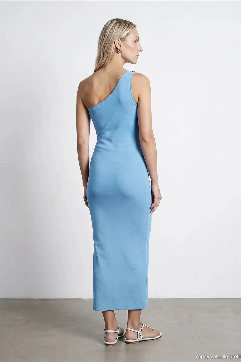 Dilvin Baby Blue DILVIN Asymmetrical One-Shoulder Ribbed Midi Dress for Women | Best Price UAE