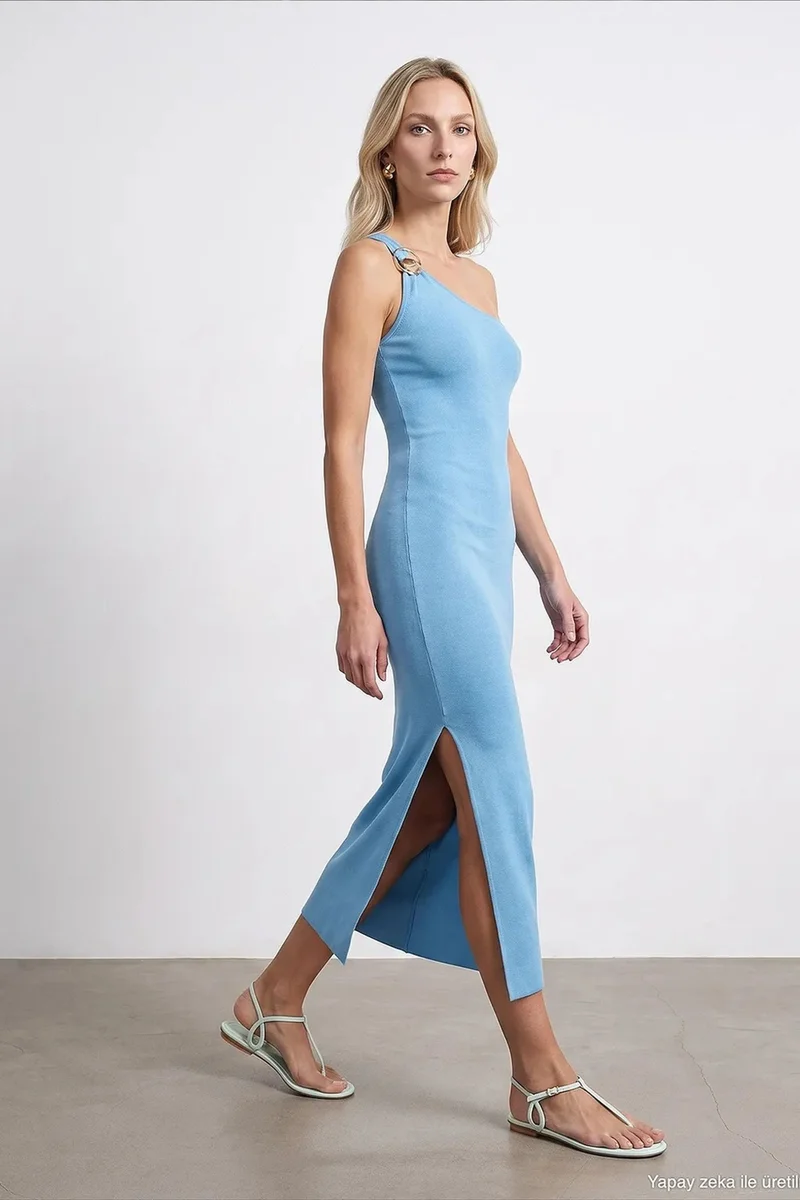 Dilvin Baby Blue DILVIN Asymmetrical One-Shoulder Ribbed Midi Dress for Women | Best Price UAE