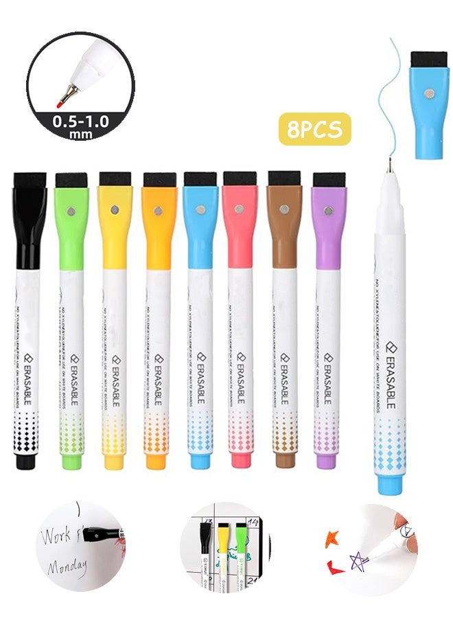 MXN 8 Pcs Erasable Markers, 0.7mm Fine Tip Whiteboard Markers with Eraser, Ultra Fine Tip Magnetic Dry Erase Markers  Whiteboard Markers with Erasers Cap for School Office and Home - Image 1