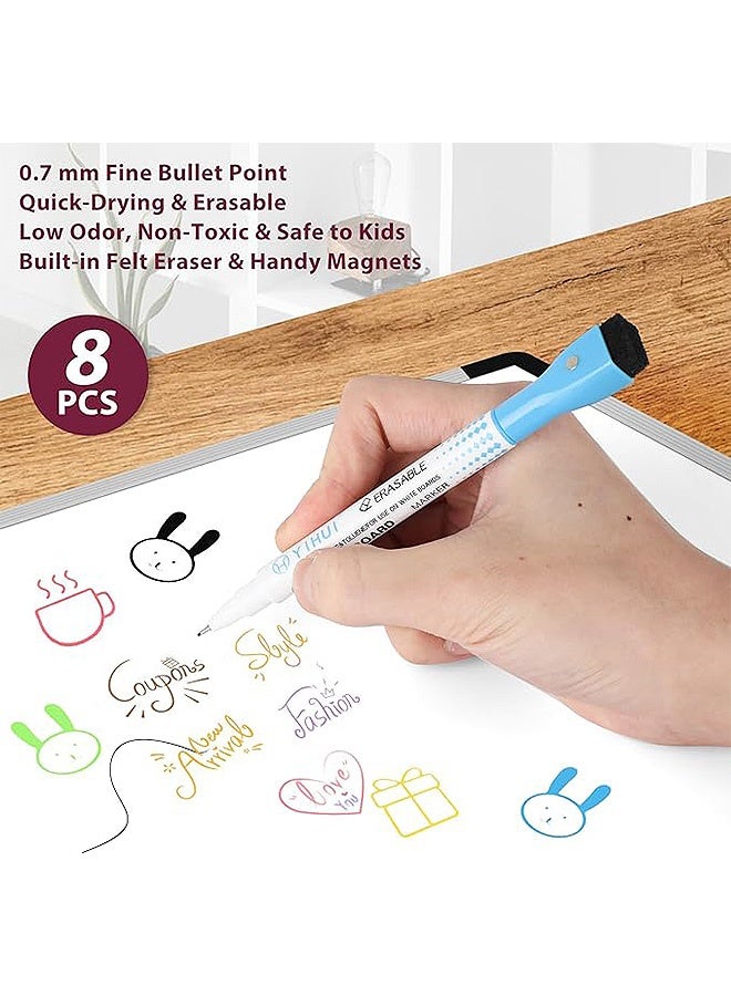 MXN 8 Pcs Erasable Markers, 0.7mm Fine Tip Whiteboard Markers with Eraser, Ultra Fine Tip Magnetic Dry Erase Markers  Whiteboard Markers with Erasers Cap for School Office and Home - Image 4