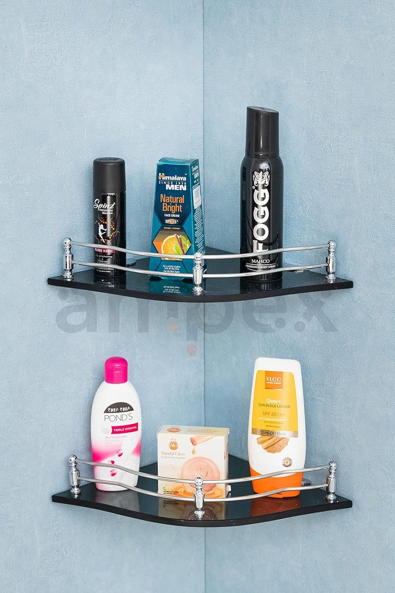 AMPEX Flower Black Glass Corner Shelf for Bathroom and Kitchen AccesoriesWall ShelfStorage ShelfShelvesWall Mount Stand for Home Decore 9x9 Inches Flower Black Glass ShelfPack of 2 - Image 1