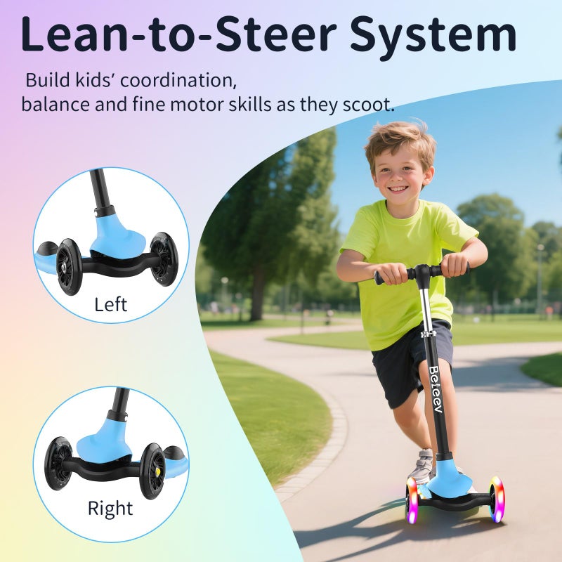 BELEEV A6 Kids Scooter with LED Light-Up Wheels & Deck, 3 Wheel Kick Scooter for Toddlers Girls Boys Ages 3-8, 4 Adjustable Handlebar, Lean to Steer, Non-Slip Deck, Lightweigh Scooter for Kids (Blue) - Image 5