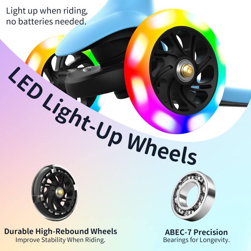 BELEEV A6 Kids Scooter with LED Light-Up Wheels & Deck, 3 Wheel Kick Scooter for Toddlers Girls Boys Ages 3-8, 4 Adjustable Handlebar, Lean to Steer, Non-Slip Deck, Lightweigh Scooter for Kids (Blue) - Image 3