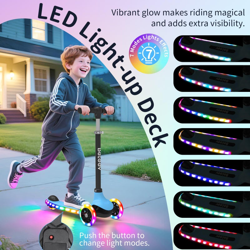 BELEEV A6 Kids Scooter with LED Light-Up Wheels & Deck, 3 Wheel Kick Scooter for Toddlers Girls Boys Ages 3-8, 4 Adjustable Handlebar, Lean to Steer, Non-Slip Deck, Lightweigh Scooter for Kids (Blue) - Image 2