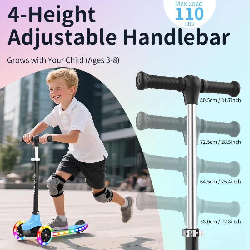 BELEEV A6 Kids Scooter with LED Light-Up Wheels & Deck, 3 Wheel Kick Scooter for Toddlers Girls Boys Ages 3-8, 4 Adjustable Handlebar, Lean to Steer, Non-Slip Deck, Lightweigh Scooter for Kids (Blue) - Image 4