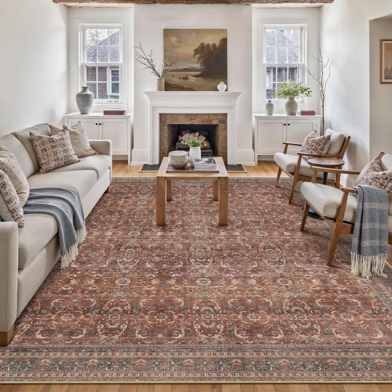 HUGEAR Area Rug 8x10 Vintage Brick Red Machine Washable Living Room Rugs Distressed Retro Floral Vacuumable Low Pile Carpet Bedroom Office Dining Room Laundry Room Non Slip Soft Lightweight - Image 1