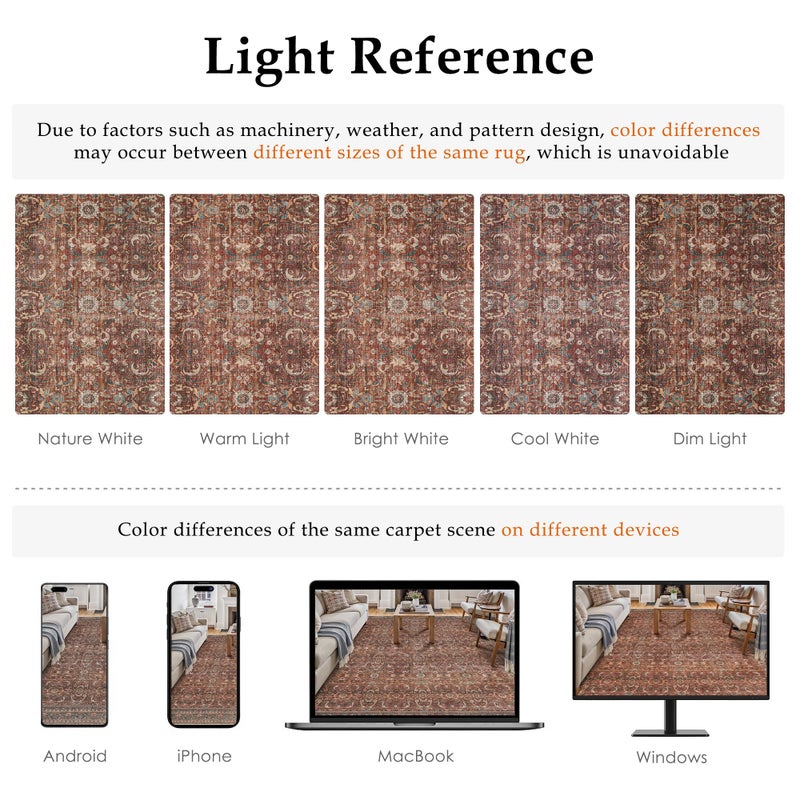 HUGEAR Area Rug 8x10 Vintage Brick Red Machine Washable Living Room Rugs Distressed Retro Floral Vacuumable Low Pile Carpet Bedroom Office Dining Room Laundry Room Non Slip Soft Lightweight - Image 5