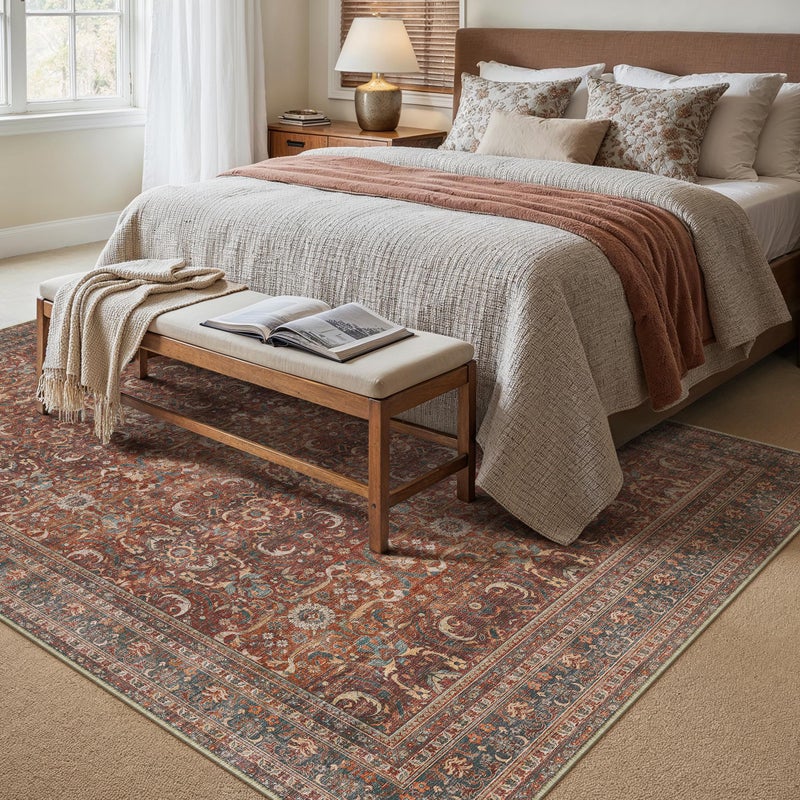 HUGEAR Area Rug 8x10 Vintage Brick Red Machine Washable Living Room Rugs Distressed Retro Floral Vacuumable Low Pile Carpet Bedroom Office Dining Room Laundry Room Non Slip Soft Lightweight - Image 4