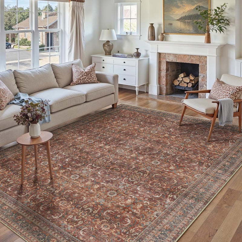 HUGEAR Area Rug 8x10 Vintage Brick Red Machine Washable Living Room Rugs Distressed Retro Floral Vacuumable Low Pile Carpet Bedroom Office Dining Room Laundry Room Non Slip Soft Lightweight - Image 3