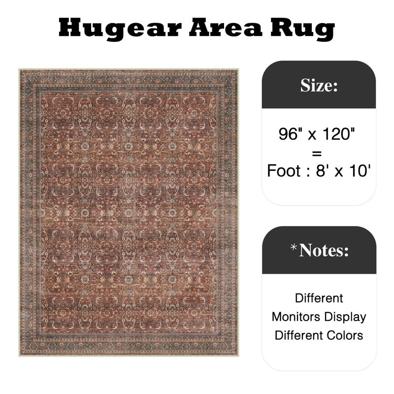 HUGEAR Area Rug 8x10 Vintage Brick Red Machine Washable Living Room Rugs Distressed Retro Floral Vacuumable Low Pile Carpet Bedroom Office Dining Room Laundry Room Non Slip Soft Lightweight - Image 2