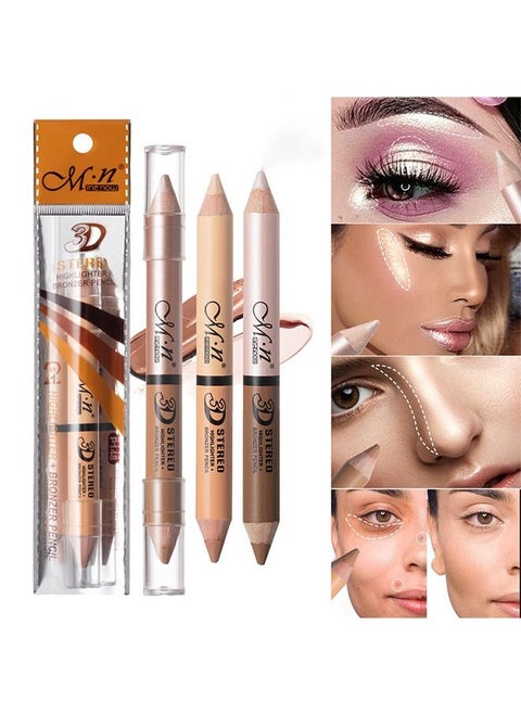 3 Pcs Highlight Contour Stick set, 6 Colors 2 in 1 Dual-ended Makeup Shading Stick, Multi-Color Concealer Shadow Pen, 3D Body Face Brightens Shades Pencil, Contour Concealer Highlighter Stick