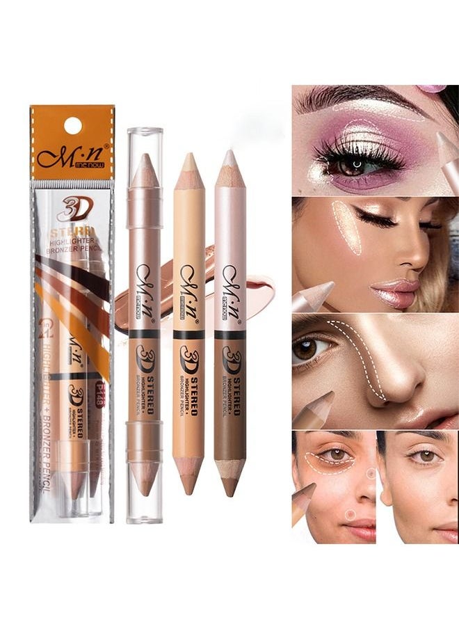 3 Pcs Highlight Contour Stick set, 6 Colors 2 in 1 Dual-ended Makeup Shading Stick, Multi-Color Concealer Shadow Pen, 3D Body Face Brightens Shades Pencil, Contour Concealer Highlighter Stick