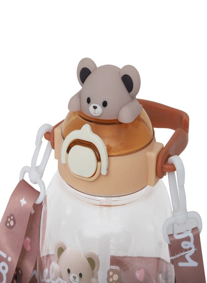 CherryBox Cute BPA Free Large Capacity Plastic Cool Water Bottle with Pop-up Lip and Shoulder Strap with DIY Stickers (Brown) - Image 2