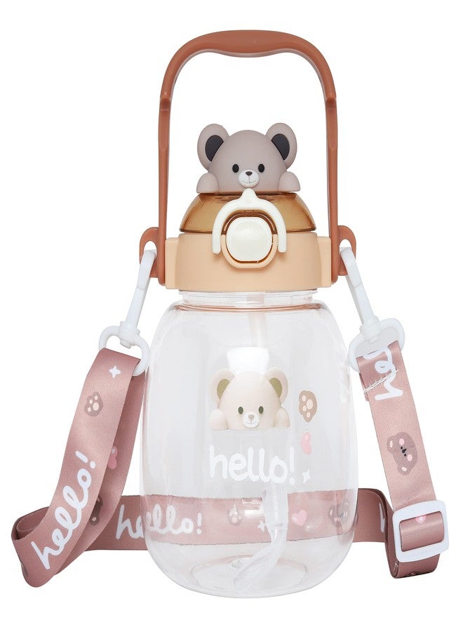CherryBox Cute BPA Free Large Capacity Plastic Cool Water Bottle with Pop-up Lip and Shoulder Strap with DIY Stickers (Brown) - Image 1