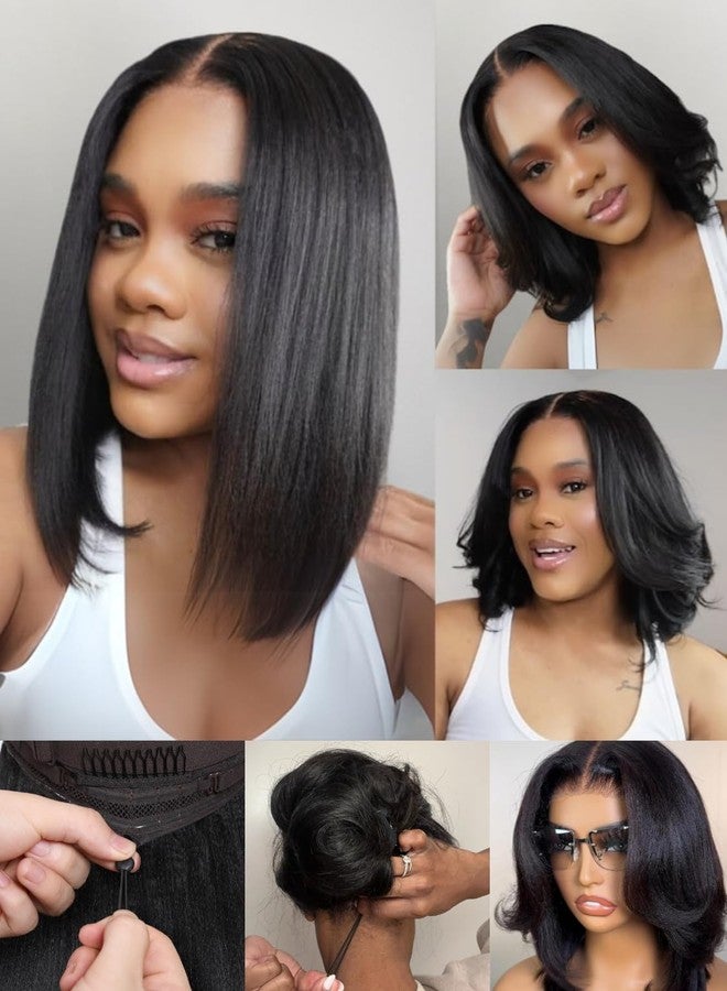 Nadula Yaki Straight Bob Drawstring Wig Human Hair Glueless Pre Cut 7x5 HD Bye Bye Knots Lace Front Wigs Human Hair Pre Plucked Invisible Knots Ready to Go Short Yaki Bob Wigs 150% Density 12inch - Image 1