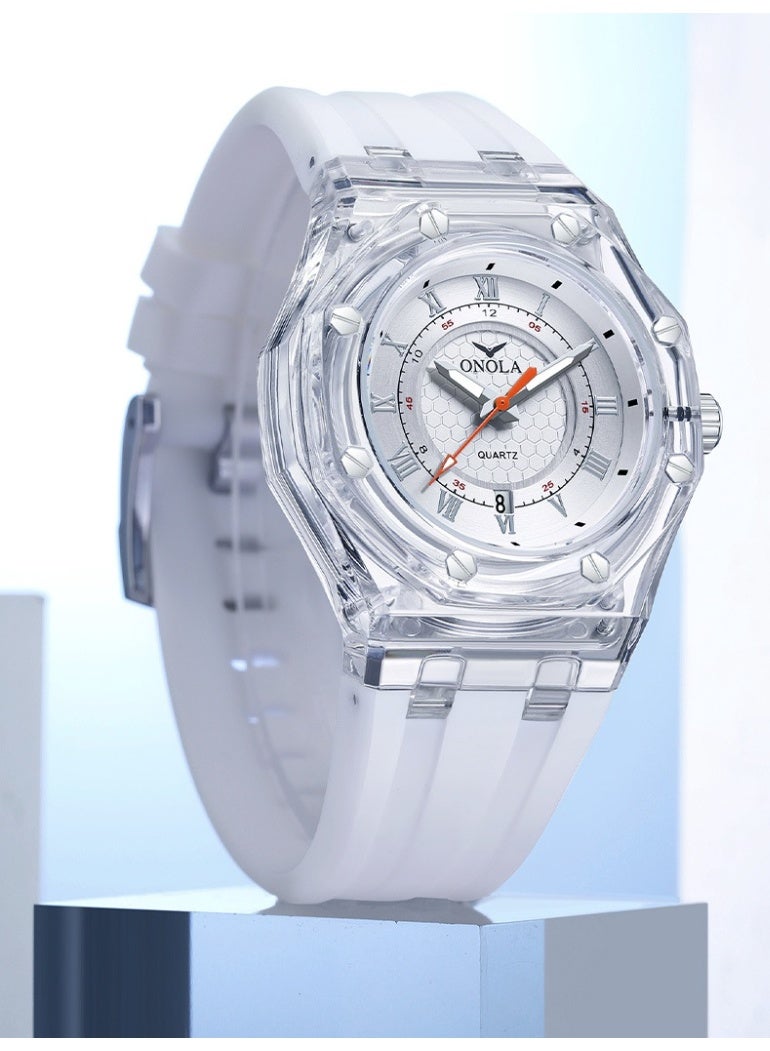 أونولا ساعة كوارتز أنيقة للجنسين، مقاومة للماء، مناسبة للطلاب، بهيكل شفاف وحزام سيليكون. - Image 2