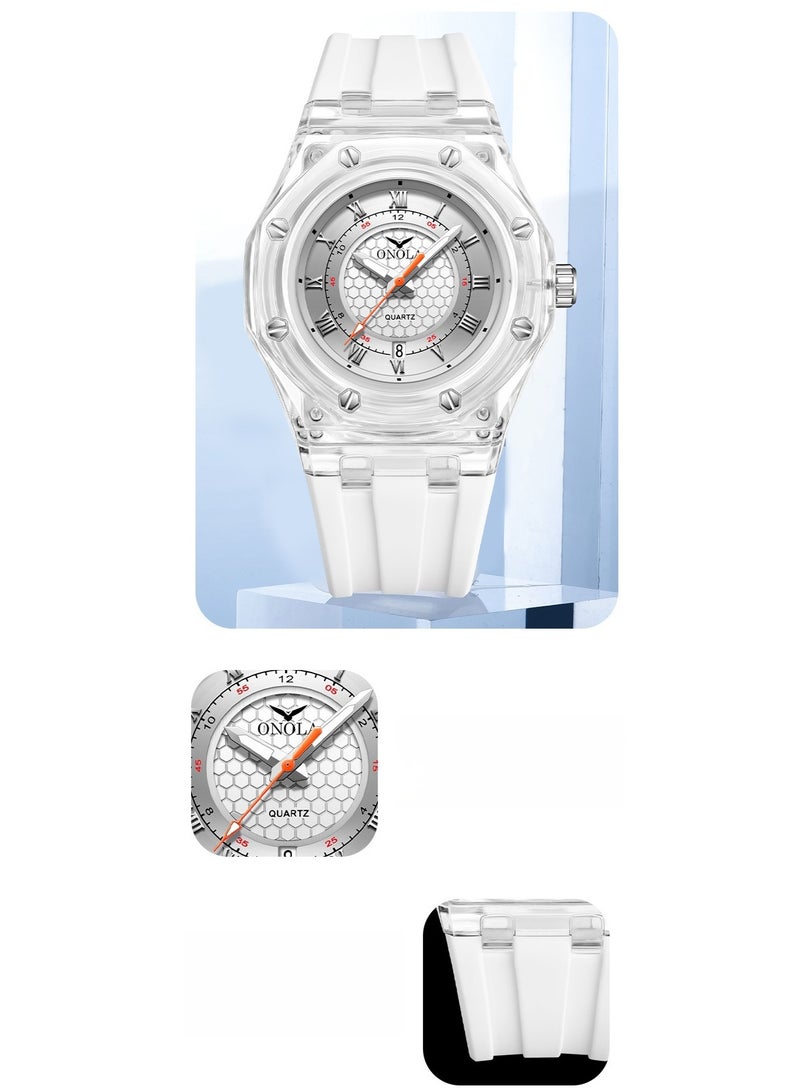 أونولا ساعة كوارتز أنيقة للجنسين، مقاومة للماء، مناسبة للطلاب، بهيكل شفاف وحزام سيليكون. - Image 3