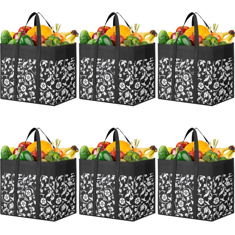WOWBOX Reusable Grocery Bags Foldable Tote Bags bulk with Reinforced Handles Shopping Bags for Groceries Heavy Duty Large bags Kitchen Reusable Grocery Bags with Waterproof Coating 6-Pack  Black - Image 1