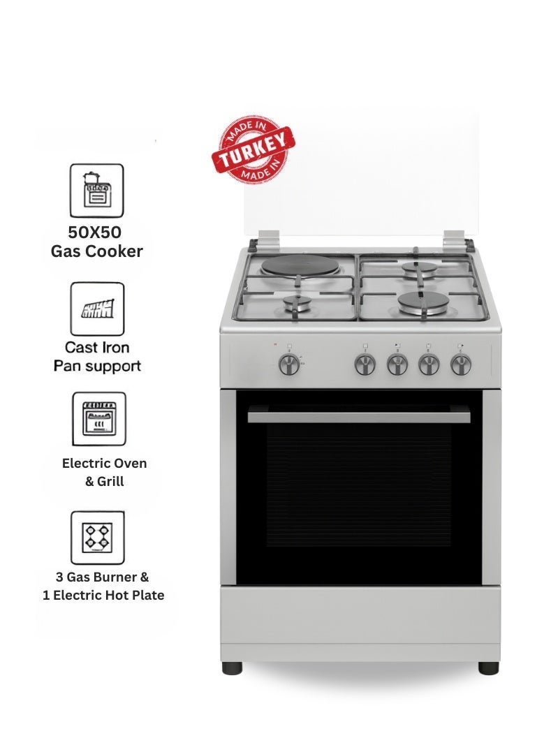Venus موقد ستانلس ستيل 55x50 سم | 3 شعلات غاز + 1 لوحة كهربائية | فرن وشواية كهربائية | إشعال تلقائي | تصميم مدمج موفر للمساحة | صنع في تركيا – نموذج VC5531ESD - Image 1