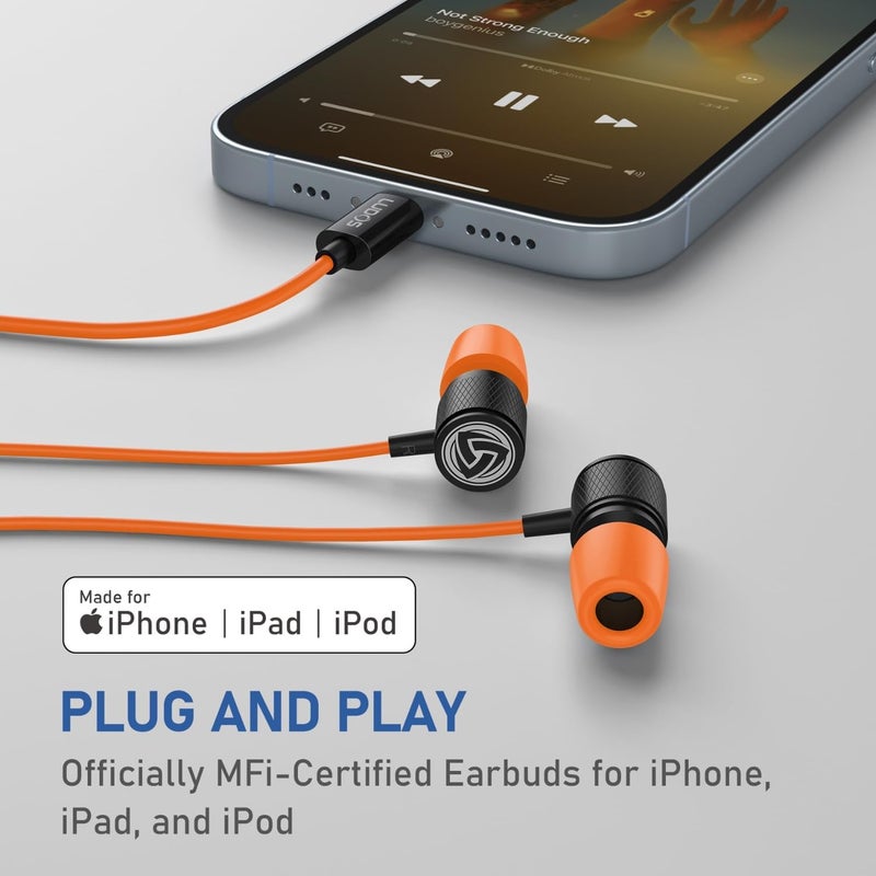LUDOS Ultra iPhone Wired Headphones Earbuds Earphones with Lightning Connector Apple MFi Certified, 5 Years Warranty, for iPhone 14 13 12 11 Pro Max X XS XR 8 7 Plus with Microphone Control - Orange - Image 5