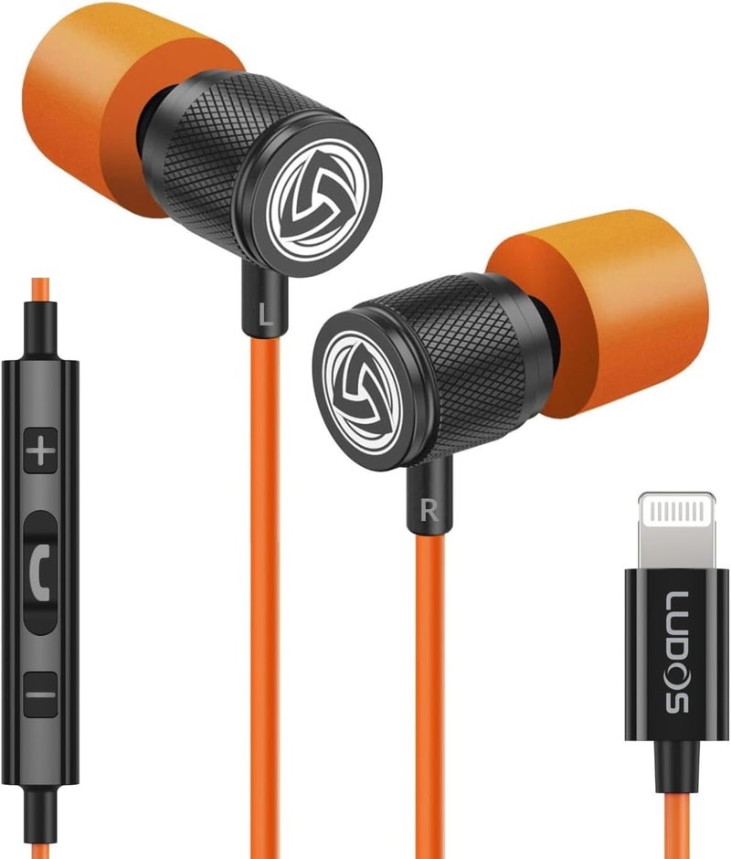 LUDOS Ultra iPhone Wired Headphones Earbuds Earphones with Lightning Connector Apple MFi Certified, 5 Years Warranty, for iPhone 14 13 12 11 Pro Max X XS XR 8 7 Plus with Microphone Control - Orange - Image 1