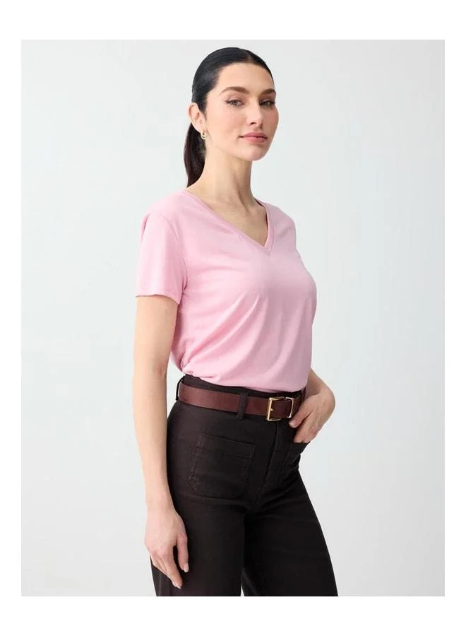 Jimmy Key Pink V-Neck Short Sleeve Modal Knit T‑Shirt.