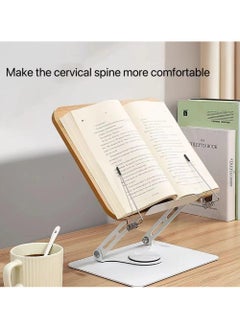 YQbest Book Stand for Reading, Adjustable Book Holder with 360 Degree Rotating Base & Page Clips, Foldable Desktop Cookbook Stand for Documents, Sheet Music, Magazines, Textbook, Cookbooks(Wood)  - Image 3