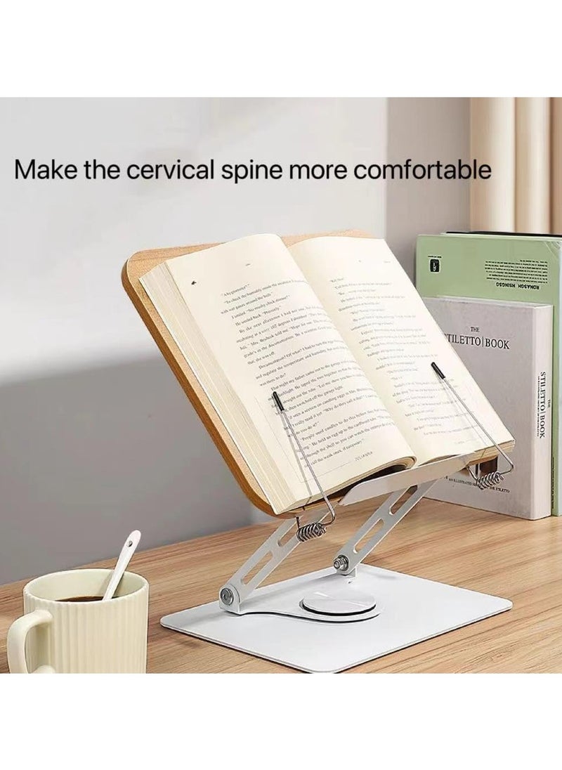 YQbest - Book Stand for Reading, Adjustable Book Holder with 360 Degree Rotating Base & Page Clips, Foldable Desktop Cookbook Stand for Documents, Sheet Music, Magazines, Textbook, Cookbooks(Wood) - Image 1