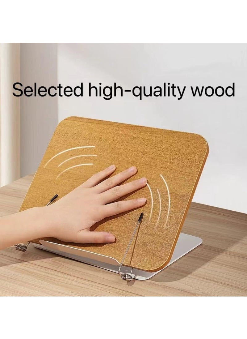 YQbest - Book Stand for Reading, Adjustable Book Holder with 360 Degree Rotating Base & Page Clips, Foldable Desktop Cookbook Stand for Documents, Sheet Music, Magazines, Textbook, Cookbooks(Wood) - Image 1
