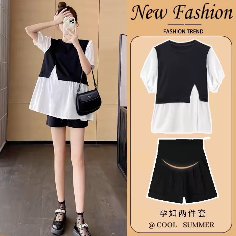 Summer Maternity Outfit Set Fashion Slimming Top with Loose Shorts Black shirt black shorts [adjustable]]