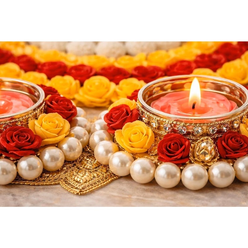 AGAAS Reusable Rangoli with Tealight Diyas, Set of 9 Diwali Floor Decor - Image 1