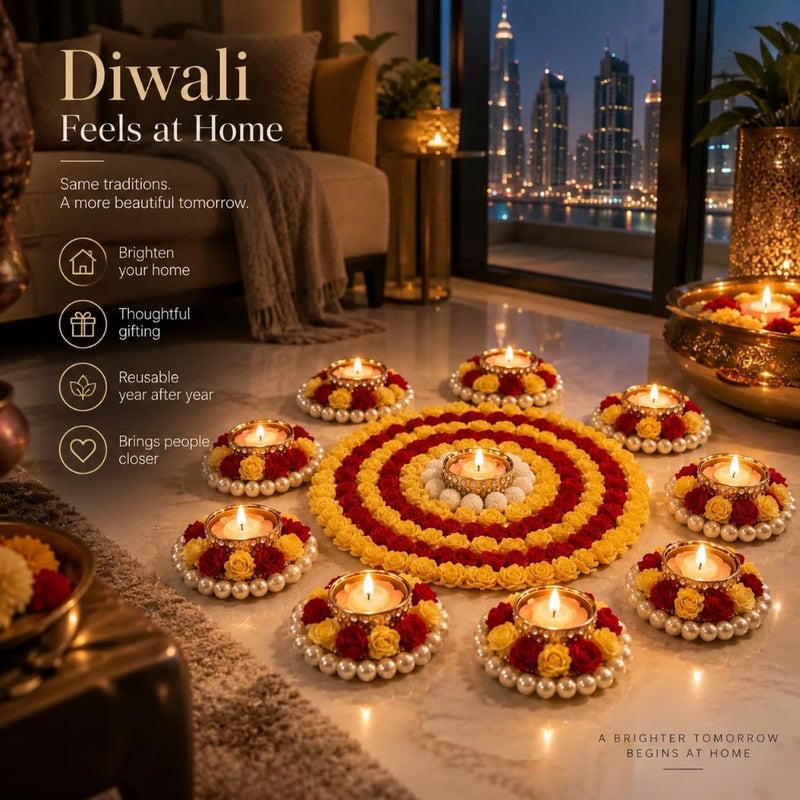 AGAAS Reusable Rangoli with Tealight Diyas, Set of 9 Diwali Floor Decor - Image 2